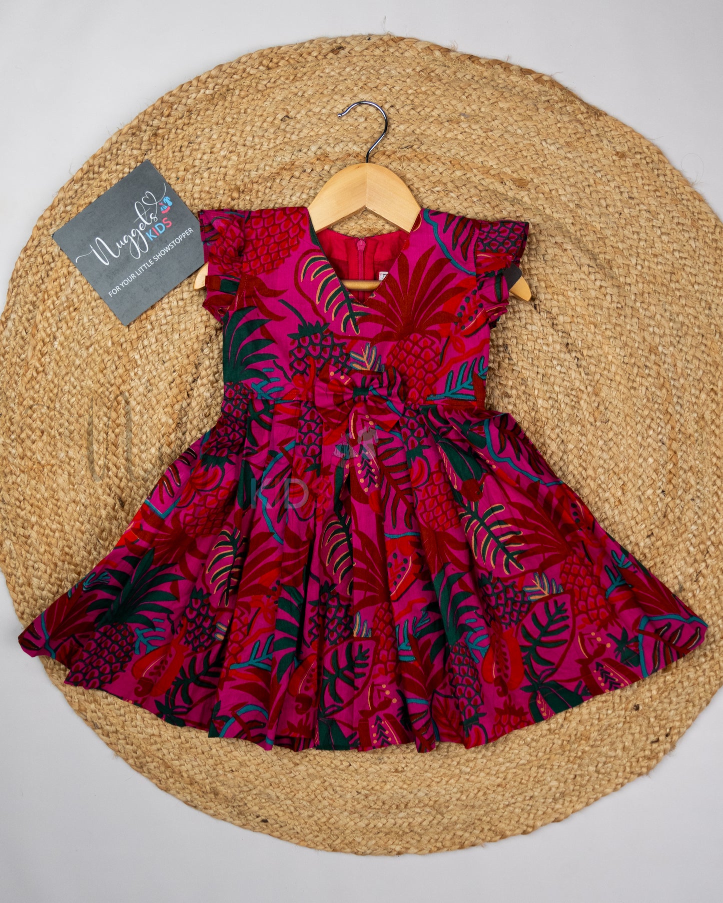 Ready to Ship: Magenta Pink Pinapple and Leaf Digital Printed Cotton Frock