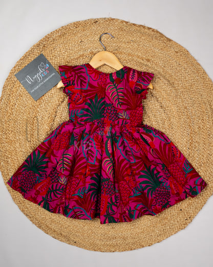 Ready to Ship: Magenta Pink Pinapple and Leaf Digital Printed Cotton Frock