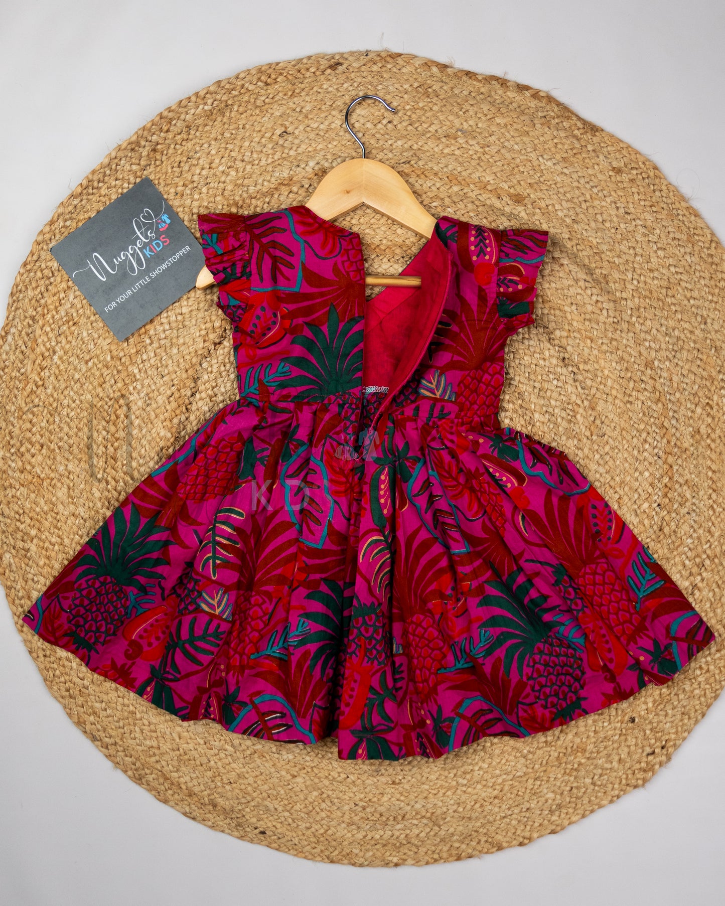 Ready to Ship: Magenta Pink Pinapple and Leaf Digital Printed Cotton Frock