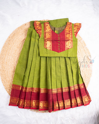 Ready to Ship: Green And Maroon Chettinad Pattu Pavada