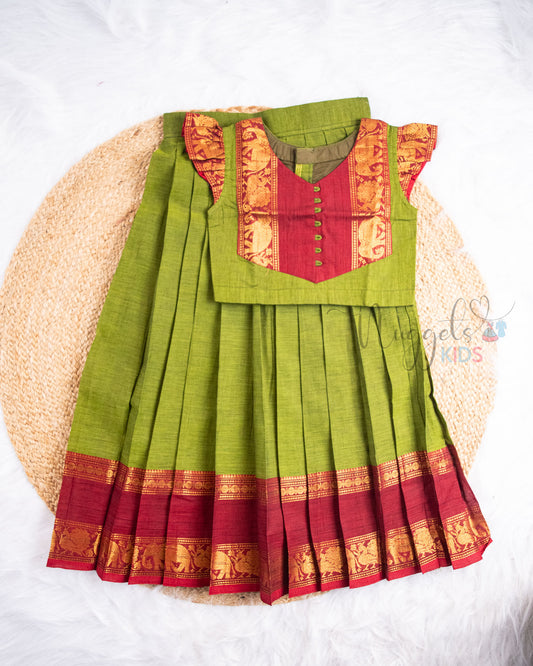 Ready to Ship: Green And Maroon Chettinad Pattu Pavada