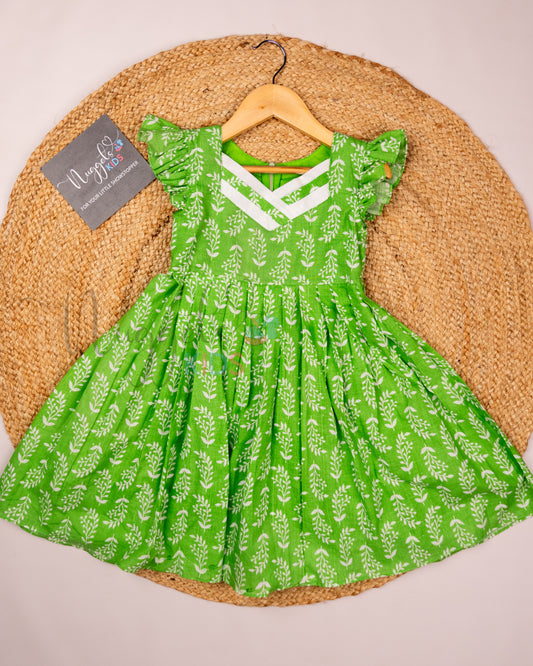 Ready to Ship: Green Neck Pleated Flex Cotton Frock