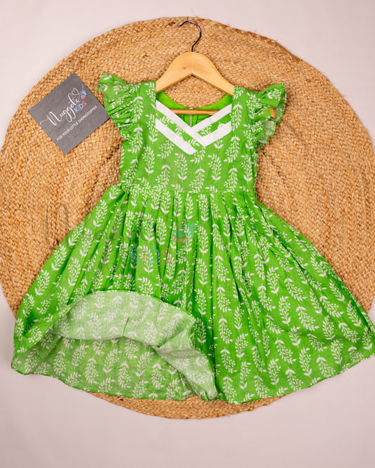 Ready to Ship: Green Neck Pleated Flex Cotton Frock