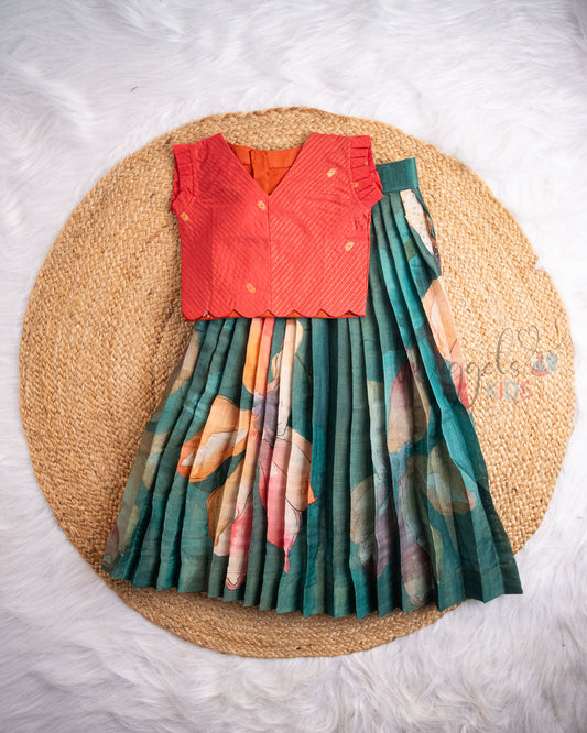 Ready to Ship: Coral Pink And Bottle Green Florals Lehenga Set