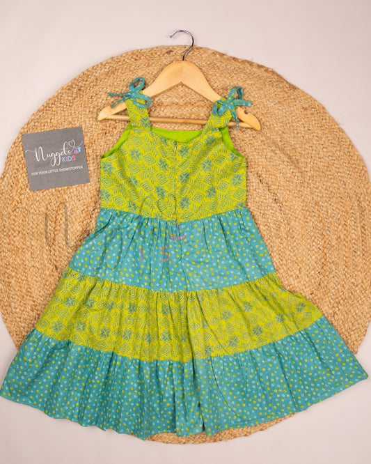 Ready to Ship: Teal and Green Sleeveless Layered Frock with attached bows in the shoulder strap