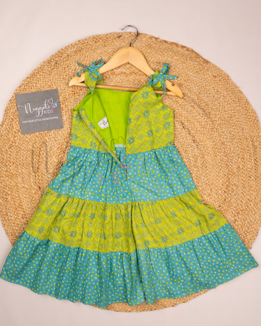 Ready to Ship: Teal and Green Sleeveless Layered Frock with attached bows in the shoulder strap