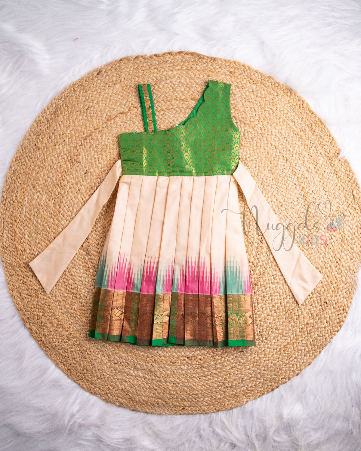 Ready to Ship: Green And Offwhite One Sholuder Ikkat Semi Silk  Pattu Frock