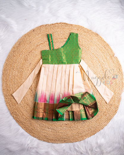 Ready to Ship: Green And Offwhite One Sholuder Ikkat Semi Silk  Pattu Frock
