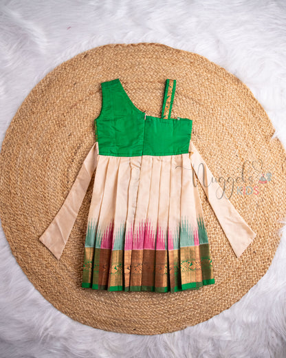 Ready to Ship: Green And Offwhite One Sholuder Ikkat Semi Silk  Pattu Frock