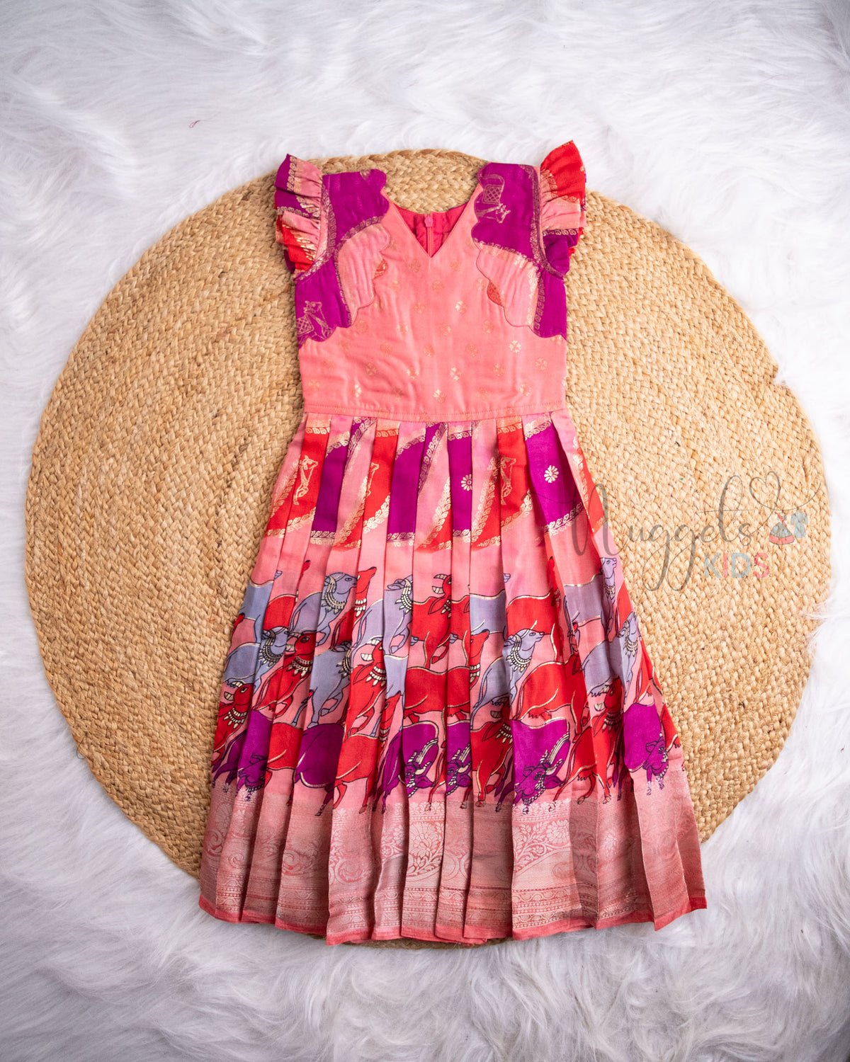 Ready to Ship: Peach And Purple Kalamkari Printed Semi Silk Pattu Gown