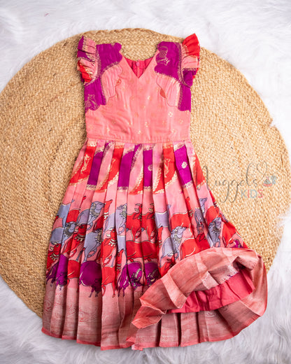 Ready to Ship: Peach And Purple Kalamkari Printed Semi Silk Pattu Gown