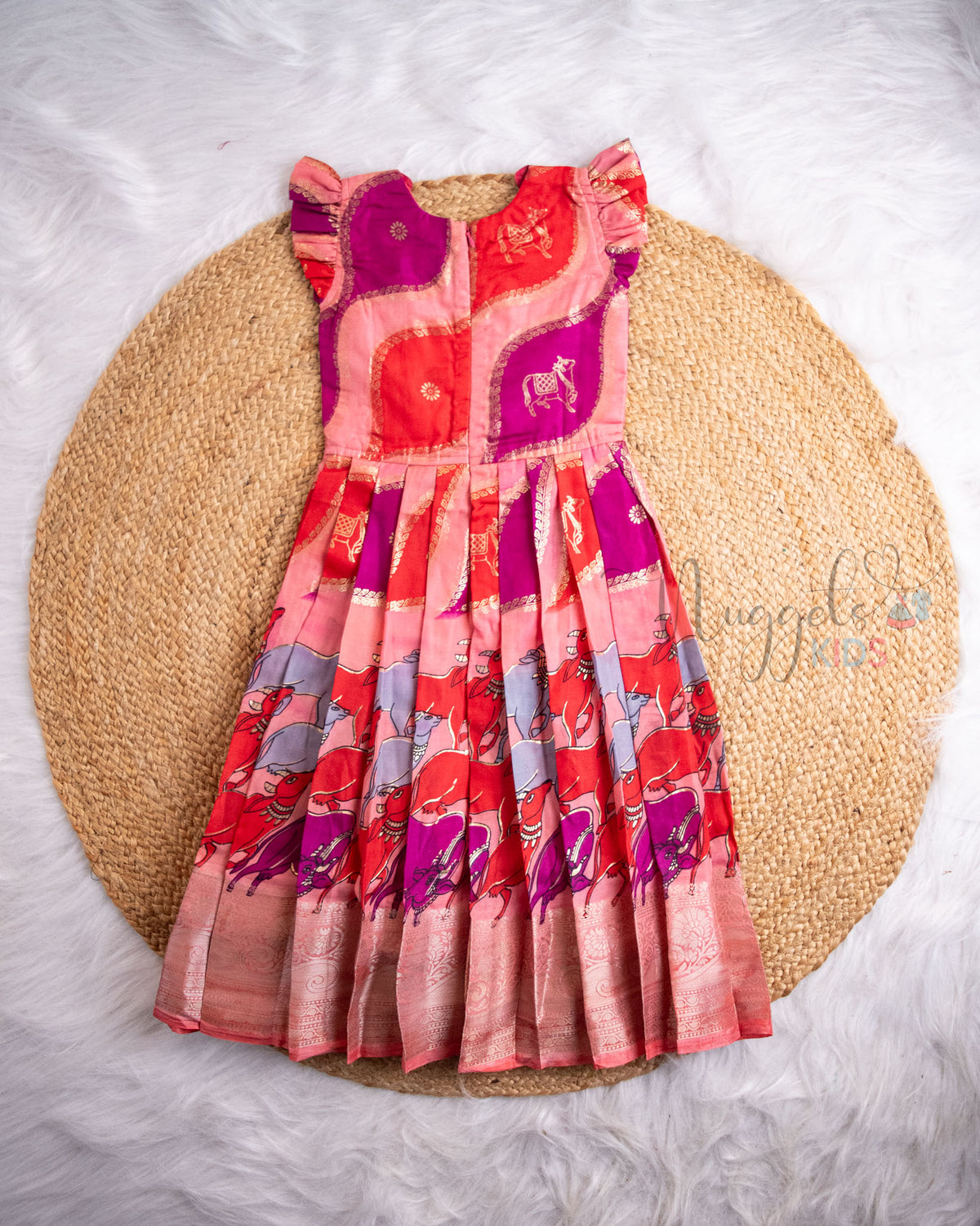 Ready to Ship: Peach And Purple Kalamkari Printed Semi Silk Pattu Gown