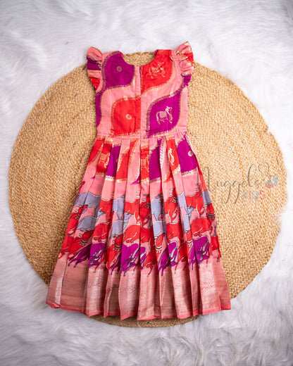 Ready to Ship: Peach And Purple Kalamkari Printed Semi Silk Pattu Gown