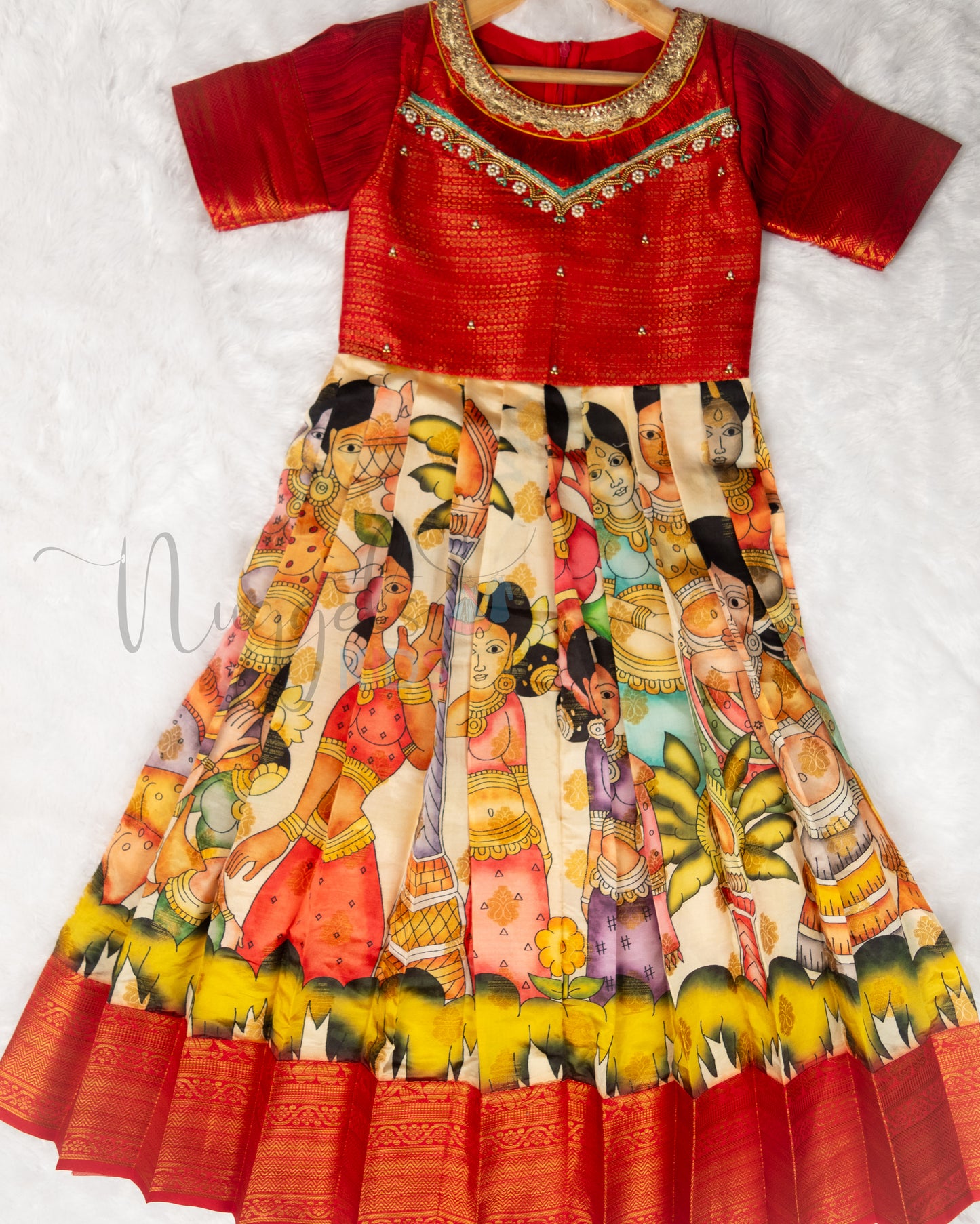 Ready to Ship: Premium Kalamkari Gown with aari work yoke, designer sleeves depicting Farming in Dancing Ladies