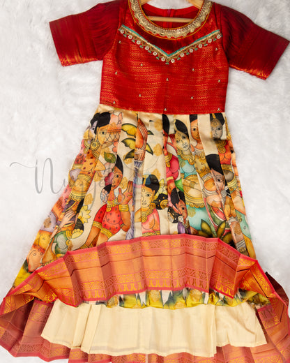 Ready to Ship: Premium Kalamkari Gown with aari work yoke, designer sleeves depicting Farming in Dancing Ladies