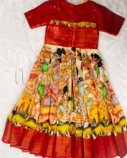 Ready to Ship: Premium Kalamkari Gown with aari work yoke, designer sleeves depicting Farming in Dancing Ladies