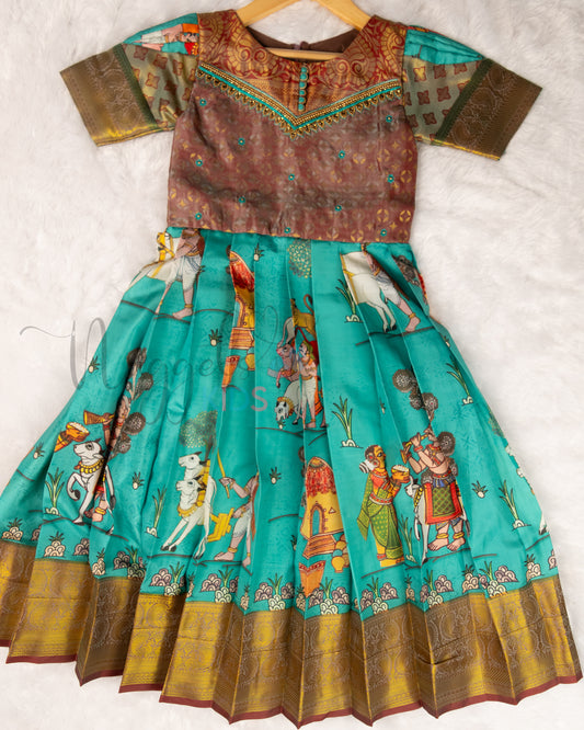 Ready to Ship: Premium Kalamkari Gown with aari work yoke, designer sleeves depicting Farming in Ancient Days