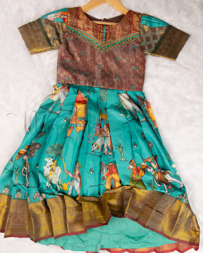 Ready to Ship: Premium Kalamkari Gown with aari work yoke, designer sleeves depicting Farming in Ancient Days