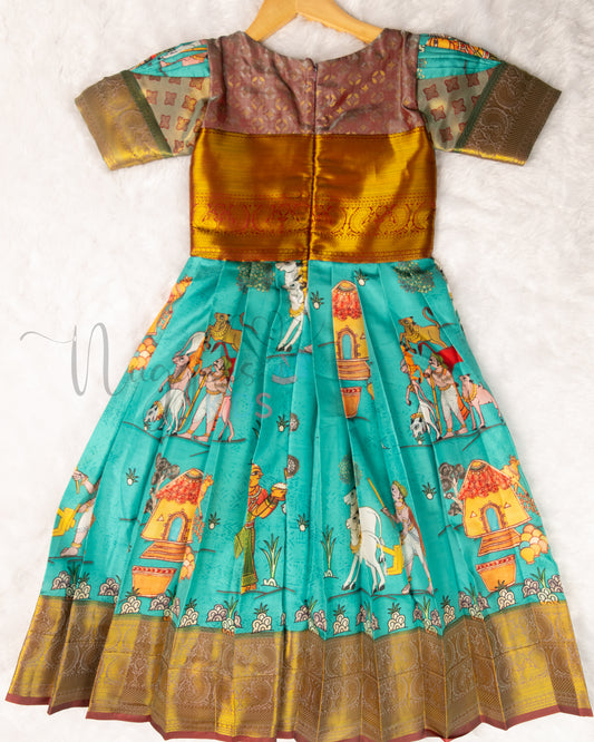 Ready to Ship: Premium Kalamkari Gown with aari work yoke, designer sleeves depicting Farming in Ancient Days