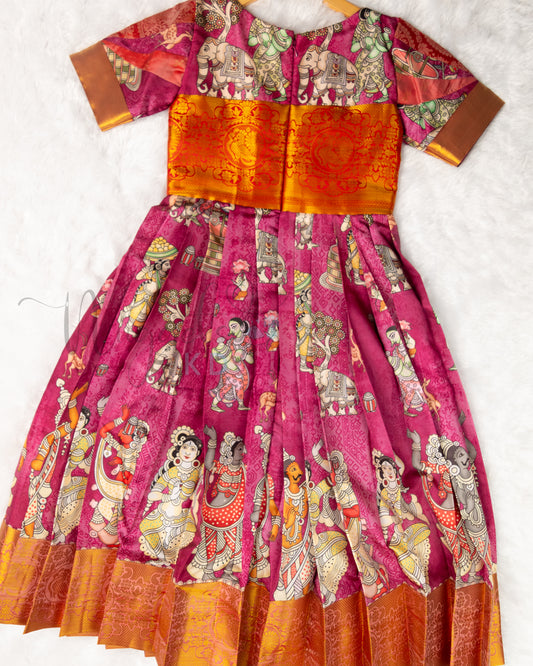 Ready to Ship: Premium Kalamkari Gown with aari work yoke, designer sleeves depicting Life of Women in Ancient Days