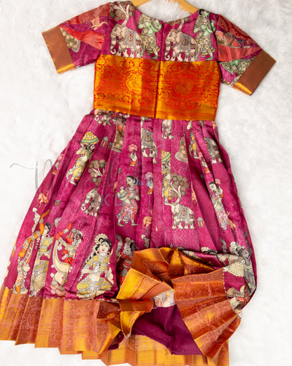 Ready to Ship: Premium Kalamkari Gown with aari work yoke, designer sleeves depicting Life of Women in Ancient Days