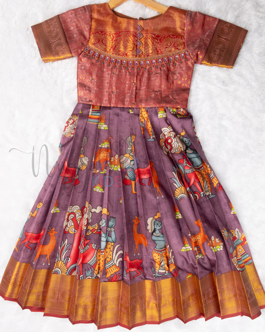 Ready to Ship: Premium Kalamkari Gown with aari work yoke, designer sleeves depicting Transport in Ancient Days