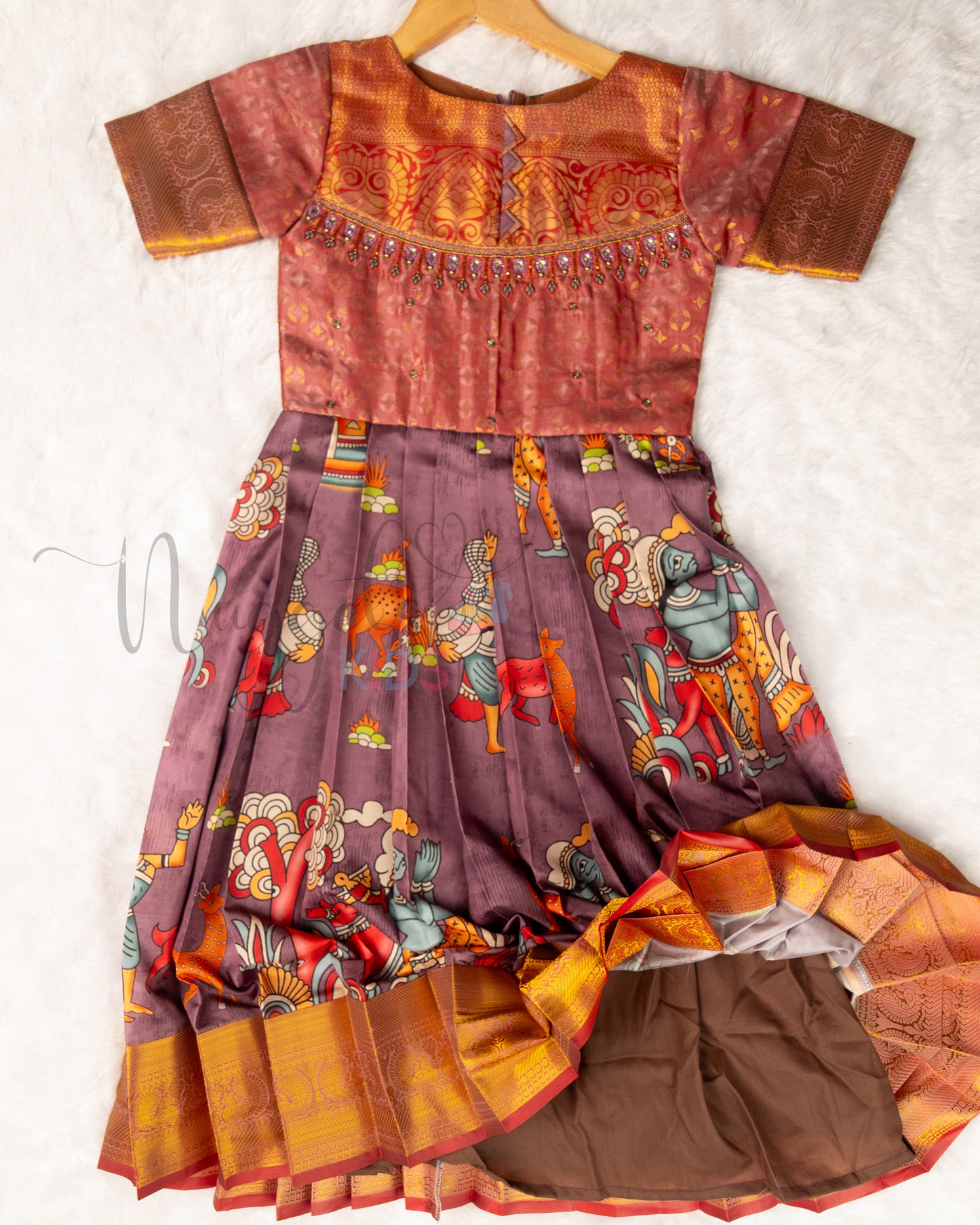 Ready to Ship: Premium Kalamkari Gown with aari work yoke, designer sleeves depicting Transport in Ancient Days