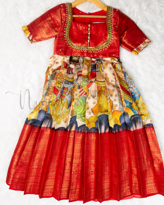 Ready to Ship: Premium Kalamkari Gown with aari work yoke, designer sleeves depicting Caves and People