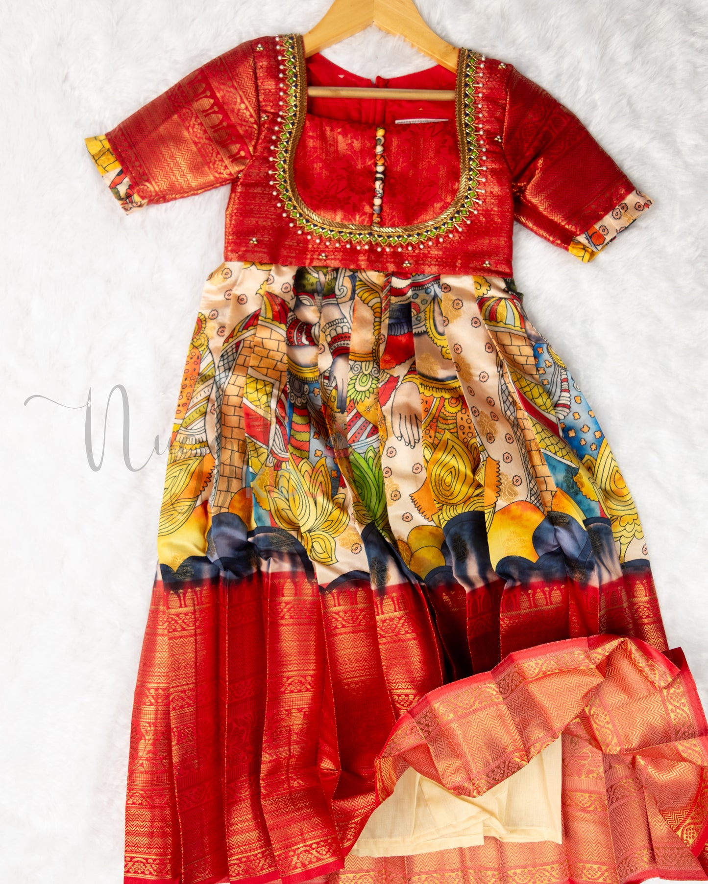 Ready to Ship: Premium Kalamkari Gown with aari work yoke, designer sleeves depicting Caves and People