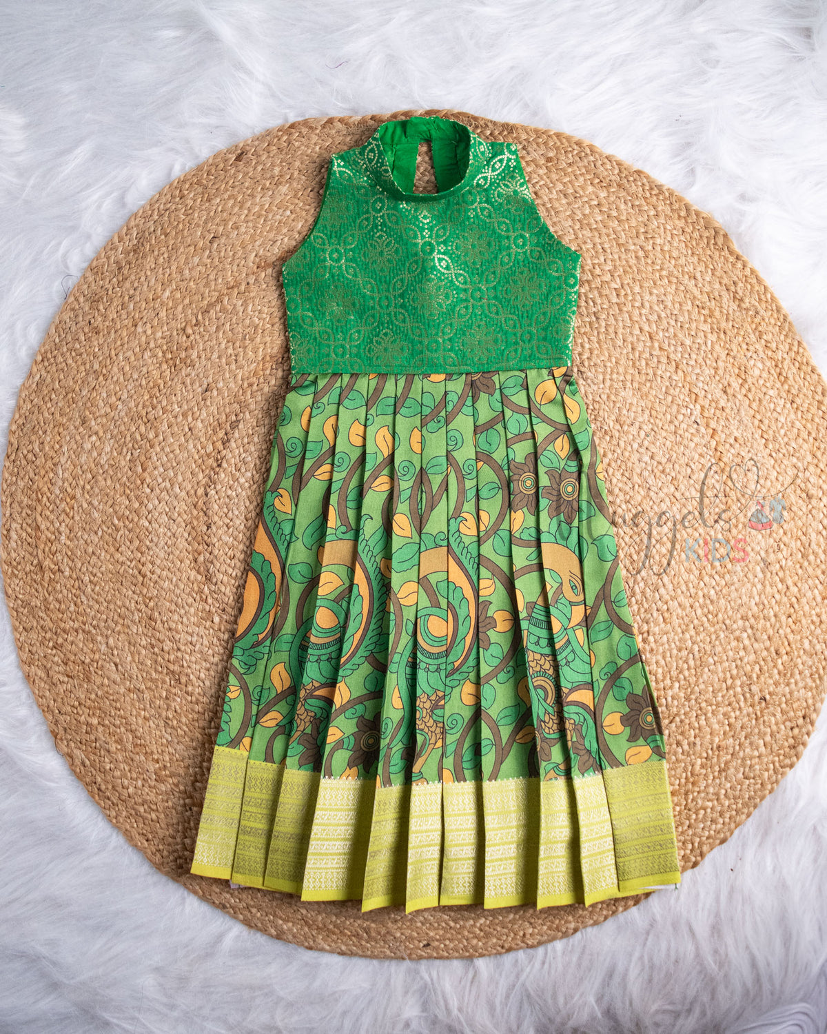 Ready to Ship: Green Brocade Yoke And Kalamkari Printed Pattu Gown
