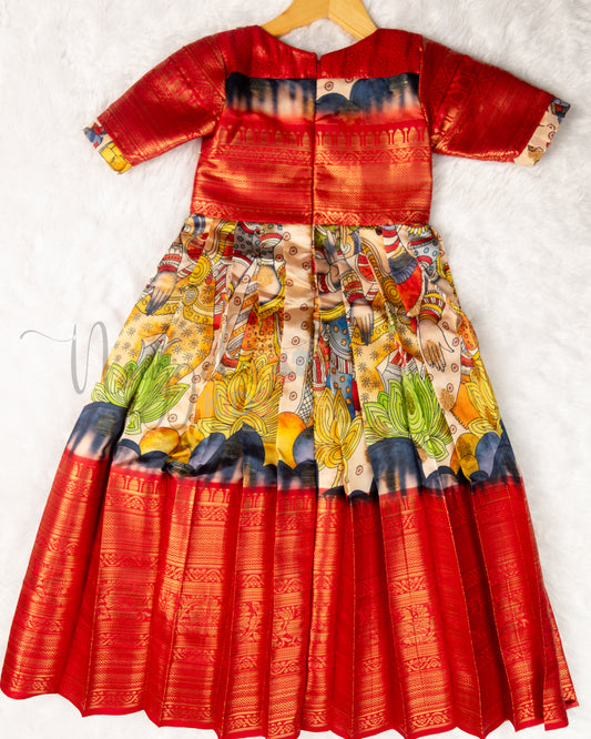 Ready to Ship: Premium Kalamkari Gown with aari work yoke, designer sleeves depicting Caves and People