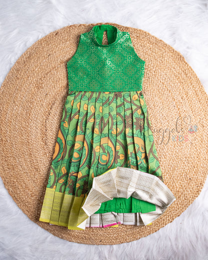 Ready to Ship: Green Brocade Yoke And Kalamkari Printed Pattu Gown