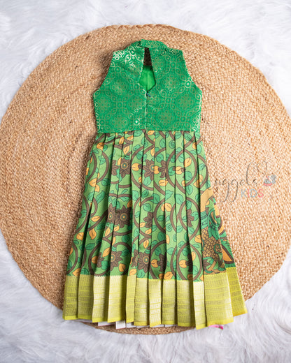 Ready to Ship: Green Brocade Yoke And Kalamkari Printed Pattu Gown