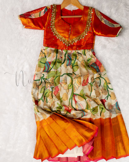 Ready to Ship: Premium Kalamkari Gown with aari work yoke, designer sleeves depicting Fishes Under Water