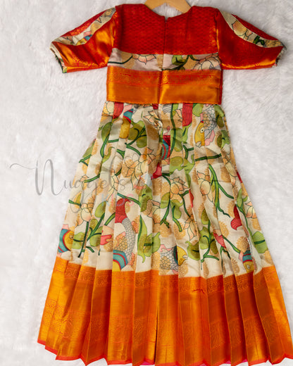 Ready to Ship: Premium Kalamkari Gown with aari work yoke, designer sleeves depicting Fishes Under Water