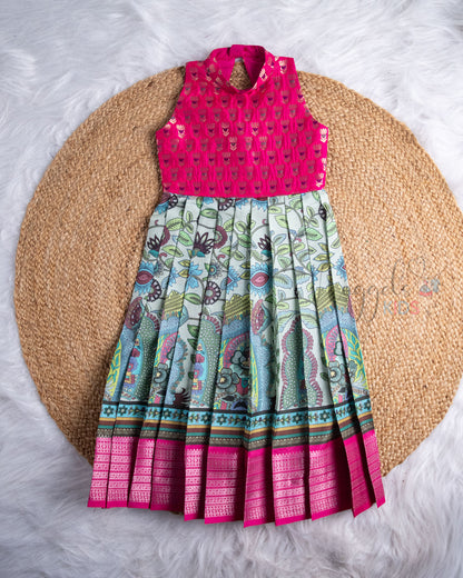 Ready to Ship: Pink Brocade Yoke And Kalamkari Printed Pattu Gown