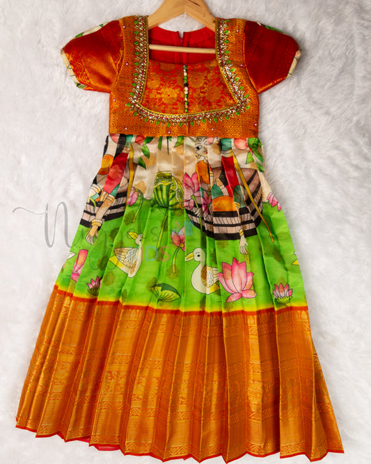 Ready to Ship: Premium Kalamkari Gown with aari work yoke, designer sleeves depicting Pond Scene