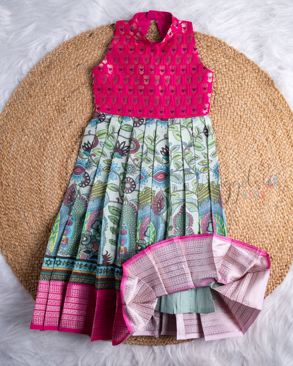 Ready to Ship: Pink Brocade Yoke And Kalamkari Printed Pattu Gown