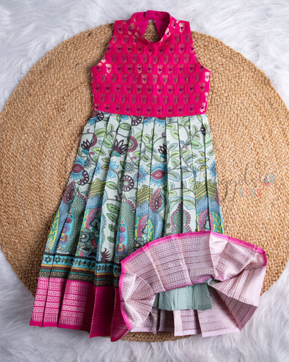 Ready to Ship: Pink Brocade Yoke And Kalamkari Printed Pattu Gown