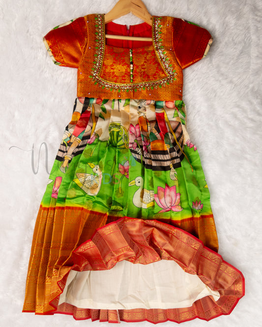 Ready to Ship: Premium Kalamkari Gown with aari work yoke, designer sleeves depicting Pond Scene