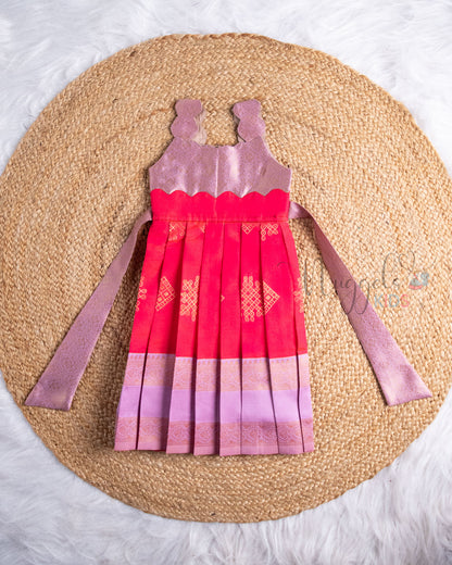 Ready to Ship: Rani Pink And Lavender Scallop Strapped Sleeveless Pattu Frock