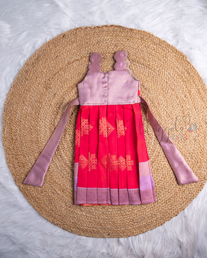 Ready to Ship: Rani Pink And Lavender Scallop Strapped Sleeveless Pattu Frock