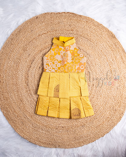 Ready to Ship: Mustard Yellow Embroidered Designer Yoke Two Layer Pattu Frock
