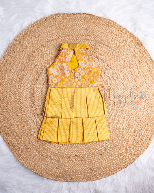Ready to Ship: Mustard Yellow Embroidered Designer Yoke Two Layer Pattu Frock