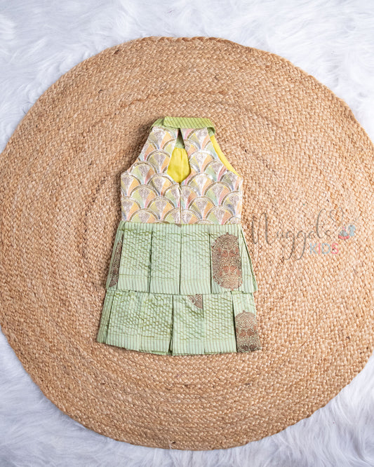 Ready to Ship: Mellow Yellow And Pista Green Embroidered Designer Yoke Two Layer Pattu Frock