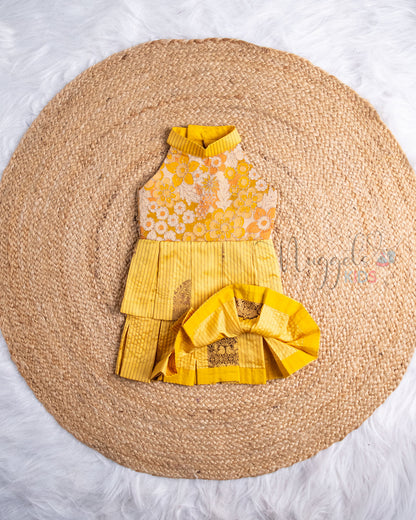 Ready to Ship: Mustard Yellow Embroidered Designer Yoke Two Layer Pattu Frock
