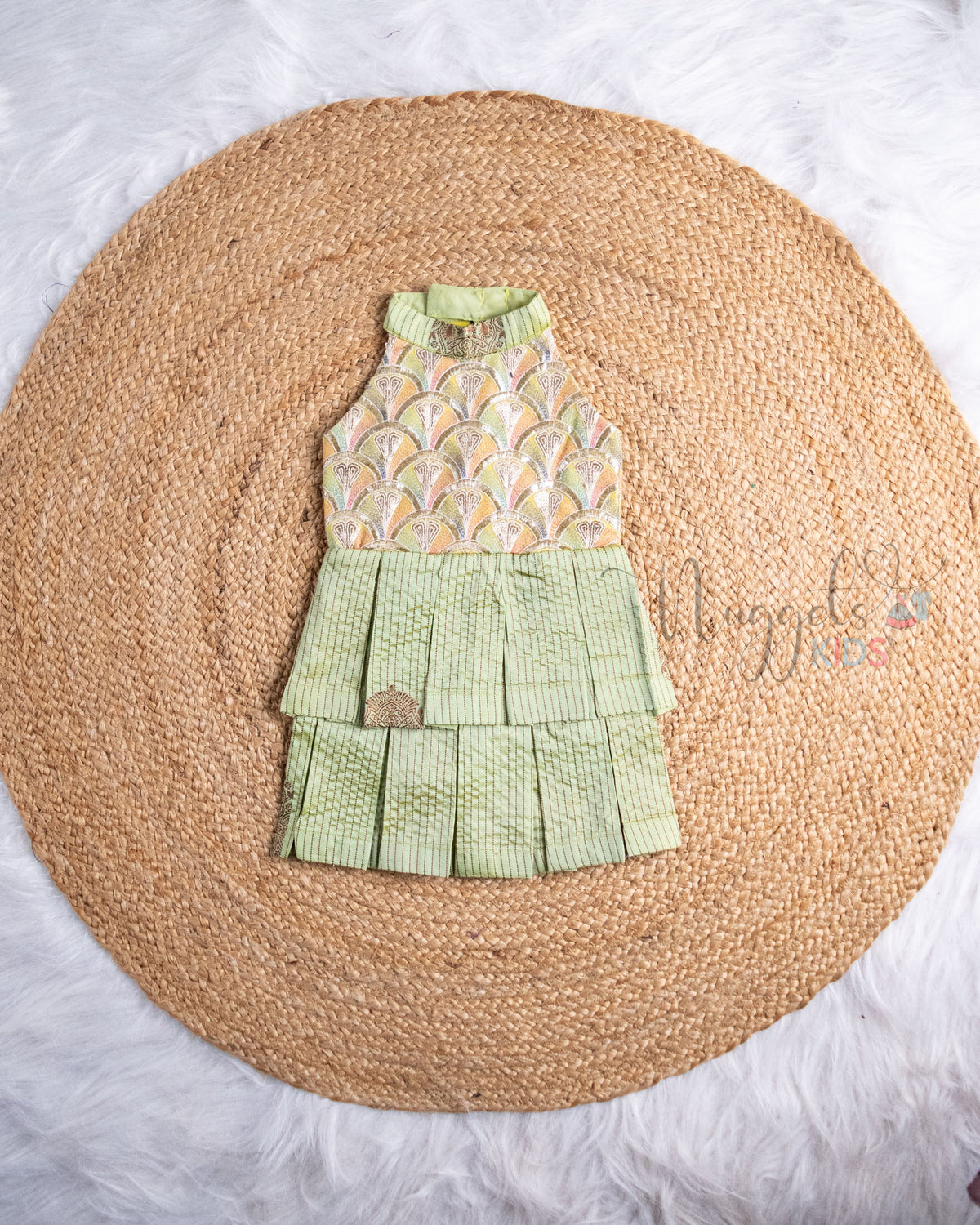 Ready to Ship: Mellow Yellow And Pista Green Embroidered Designer Yoke Two Layer Pattu Frock