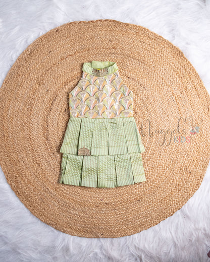 Ready to Ship: Mellow Yellow And Pista Green Embroidered Designer Yoke Two Layer Pattu Frock