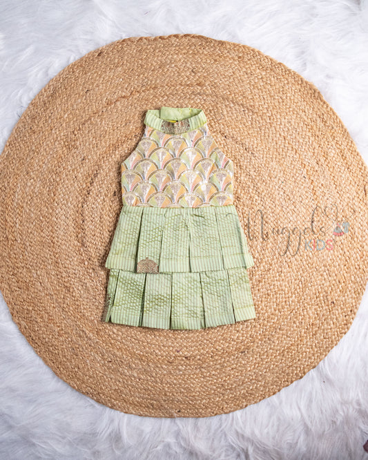 Ready to Ship: Mellow Yellow And Pista Green Embroidered Designer Yoke Two Layer Pattu Frock