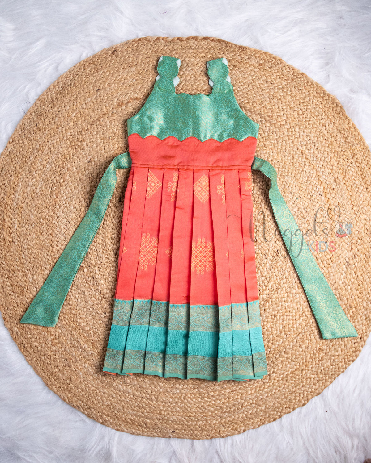 Ready to Ship: Turquoise And Orange Scallop Strapped Sleeveless Pattu Frock